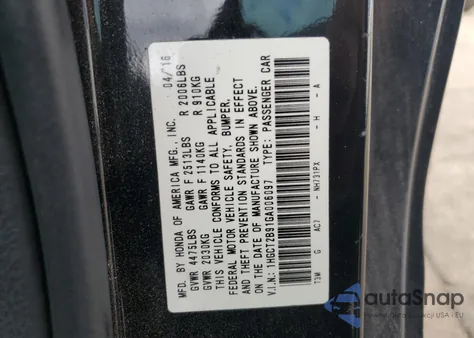 2016 Honda Accord Exl from USA, damaged, VIN 1HGCT2B91GA006097
